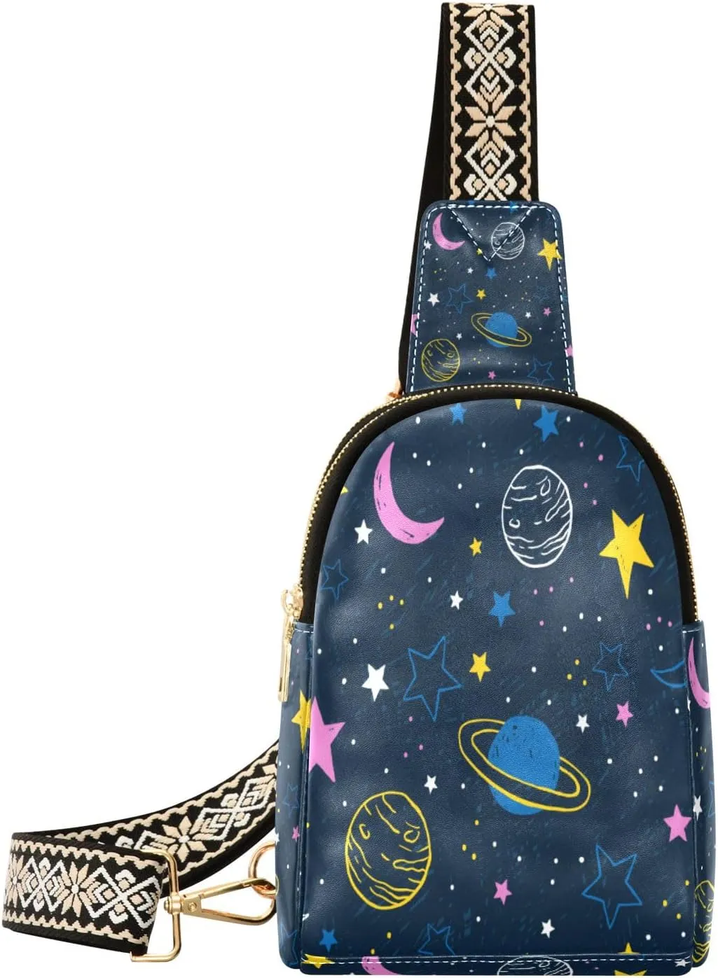 Small Sling Bag Waist Packs Leather Crossbody Packs Chest Bag Galaxy Moon Star Planet for Women Travel Belt Purse