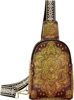Small Sling Bag Waist Packs Leather Crossbody Packs Chest Bag Golden Mandala Flower Aztec Indian for Women Travel Belt Purse