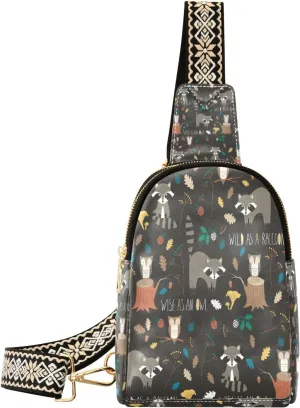 Small Sling Bag Waist Packs Leather Crossbody Packs Chest Bag Grey Raccoon for Women Travel Belt Purse