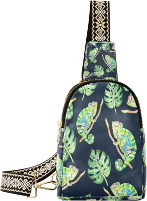 Small Sling Bag Waist Packs Leather Crossbody Packs Chest Bag Leaves Of Monstera and A Chameleon for Women Travel Belt Purse