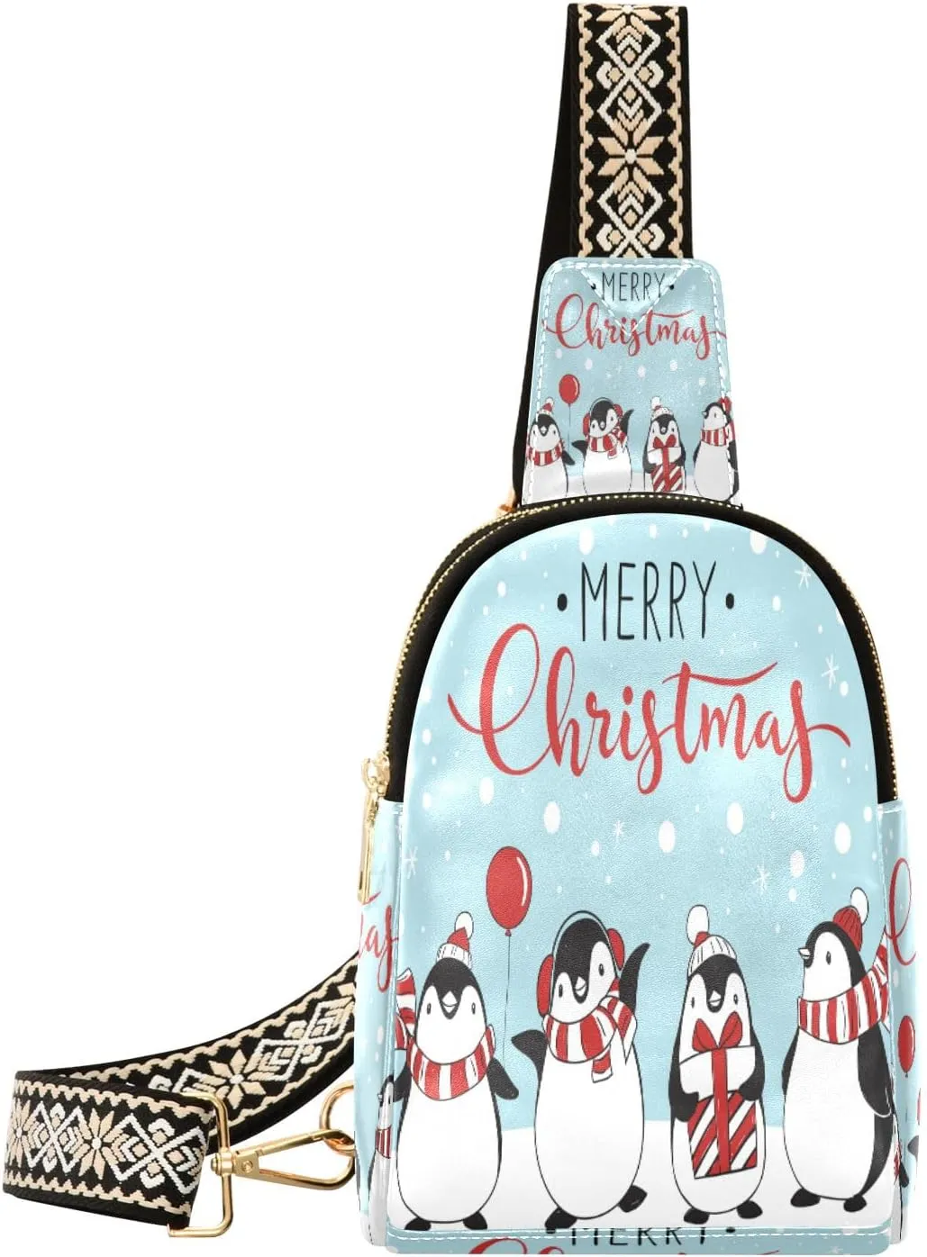 Small Sling Bag Waist Packs Leather Crossbody Packs Chest Bag Merry Christmas Penguin for Women Travel Belt Purse