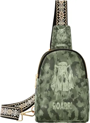 Small Sling Bag Waist Packs Leather Crossbody Packs Chest Bag Military Green Camouflage Dinosaurs for Women Travel Belt Purse