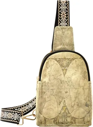 Small Sling Bag Waist Packs Leather Crossbody Packs Chest Bag Retro World Map for Women Travel Belt Purse