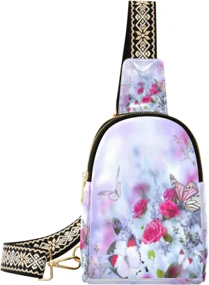 Small Sling Bag Waist Packs Leather Crossbody Packs Chest Bag Roses Butterfly Floral for Women Travel Belt Purse