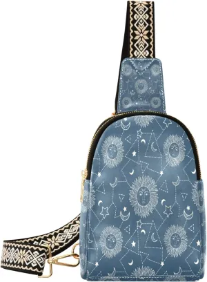 Small Sling Bag Waist Packs Leather Crossbody Packs Chest Bag Sun and Moon for Women Travel Belt Purse