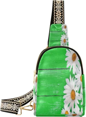 Small Sling Bag Waist Packs Leather Crossbody Packs Chest Bag White Daisies on A Green Wooden for Women Travel Belt Purse