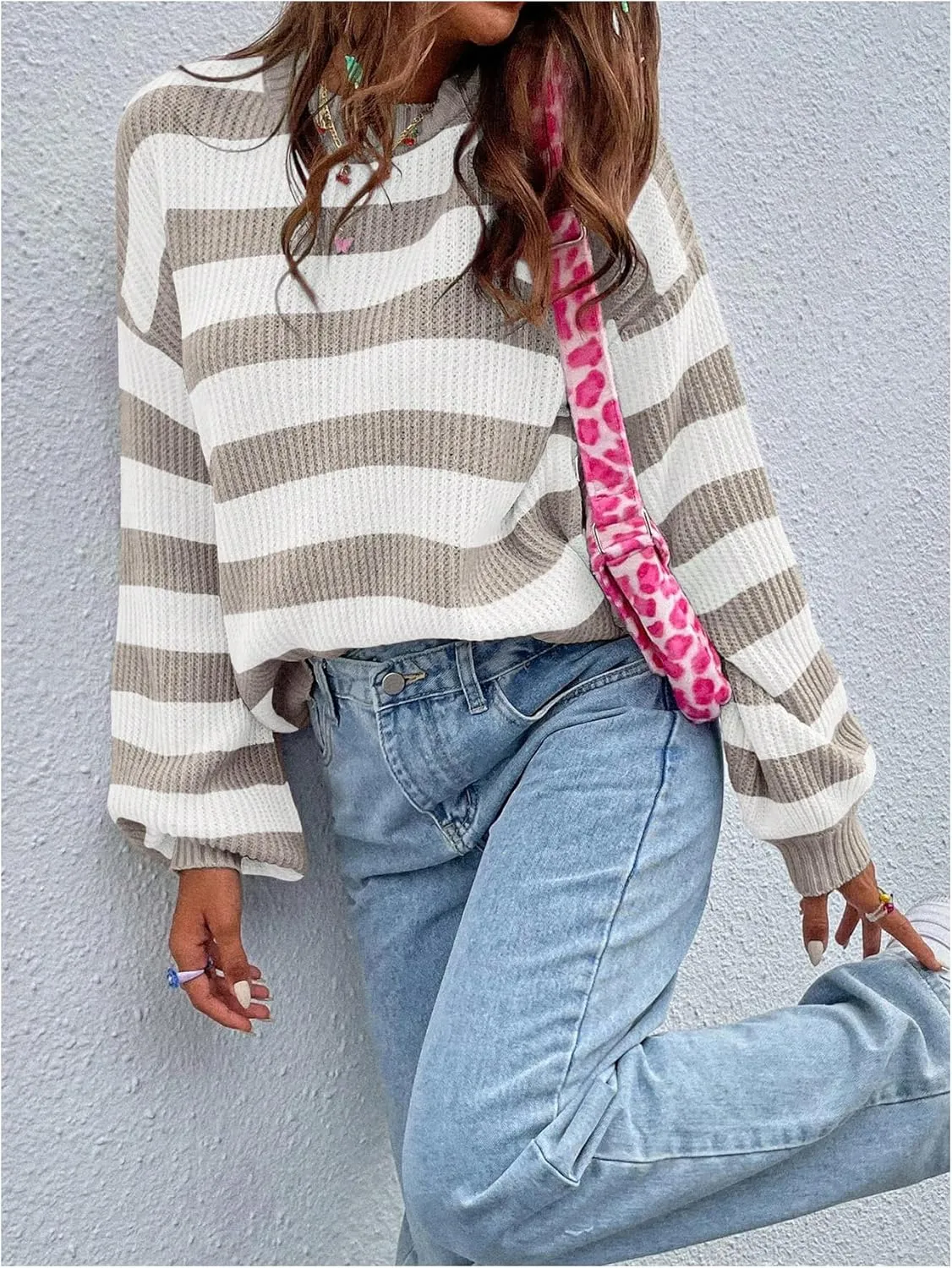 SOLY HUX Women's Color Block Striped Knit Tops Casual Long Sleeve Drop Shoulder Sweater Pullovers