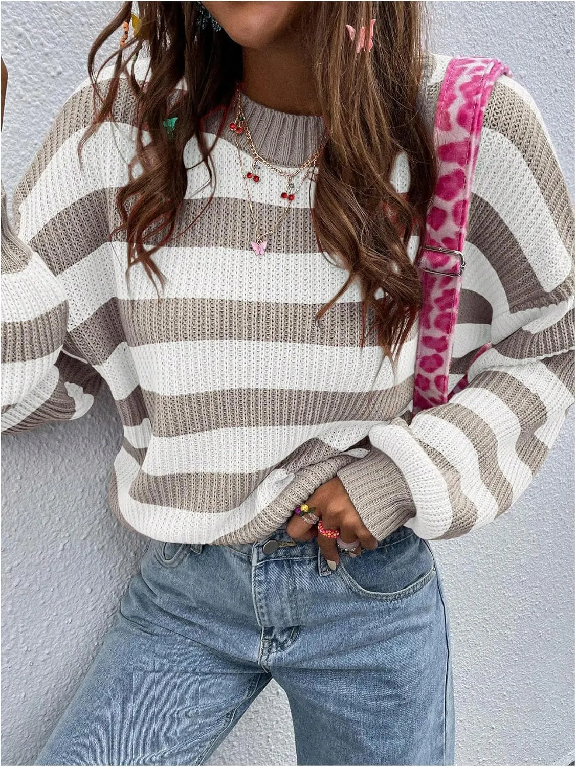 SOLY HUX Women's Color Block Striped Knit Tops Casual Long Sleeve Drop Shoulder Sweater Pullovers