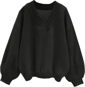 SOLY HUX Women's Plus Size Sweatshirt V Neck Drop Shoulder Long Sleeve Casual Pullover Tops