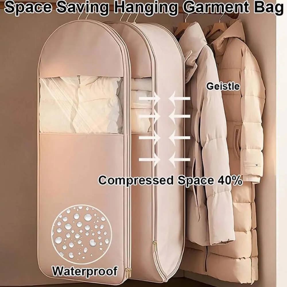 Space Saving Hanging Garment Bag with Self Compression Zipper, Dust Cover Clothes Bags for Down Coat, Space Saver Closet Organizers, for Closet Storage (Pink, L)