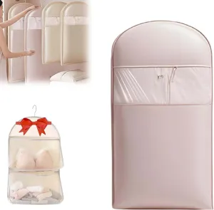 Space Saving Hanging Garment Bag with Self Compression Zipper, Dust Cover Clothes Bags for Down Coat, Space Saver Closet Organizers, for Closet Storage (Pink, L)