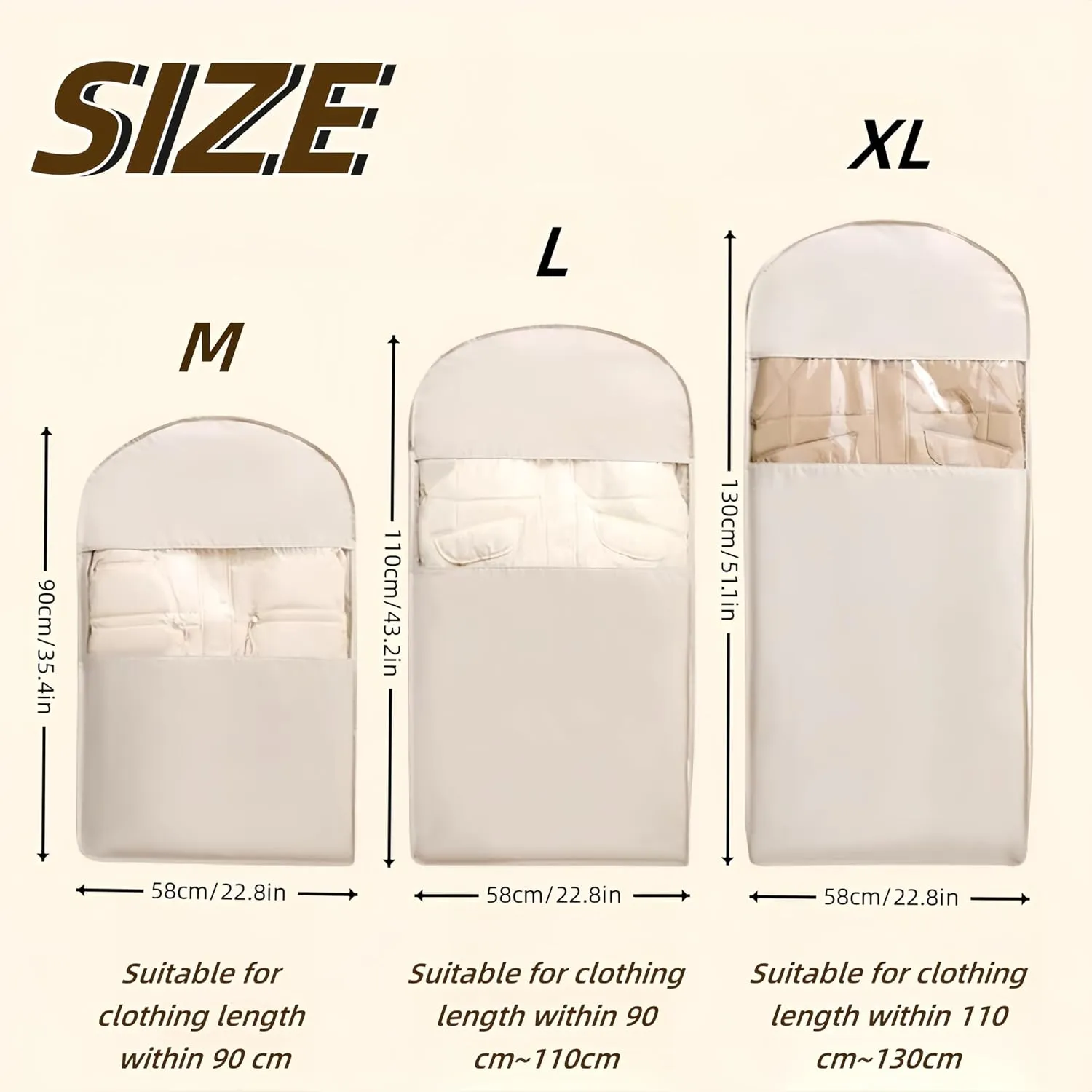 Space Saving Hanging Garment Bag with Self Compression Zipper  Dust Cover Clothes Bags for Down Coat, Suit & Dress  Closet Organizer Garment Bags for Hanging Clothes & Travel Storage (Beige, M)