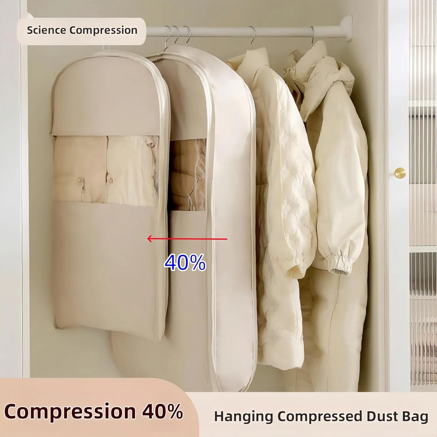 Space Saving Hanging Garment Bag with Self Compression Zipper  Dust Cover Clothes Bags for Down Coat, Suit & Dress  Closet Organizer Garment Bags for Hanging Clothes & Travel Storage (Beige, M)