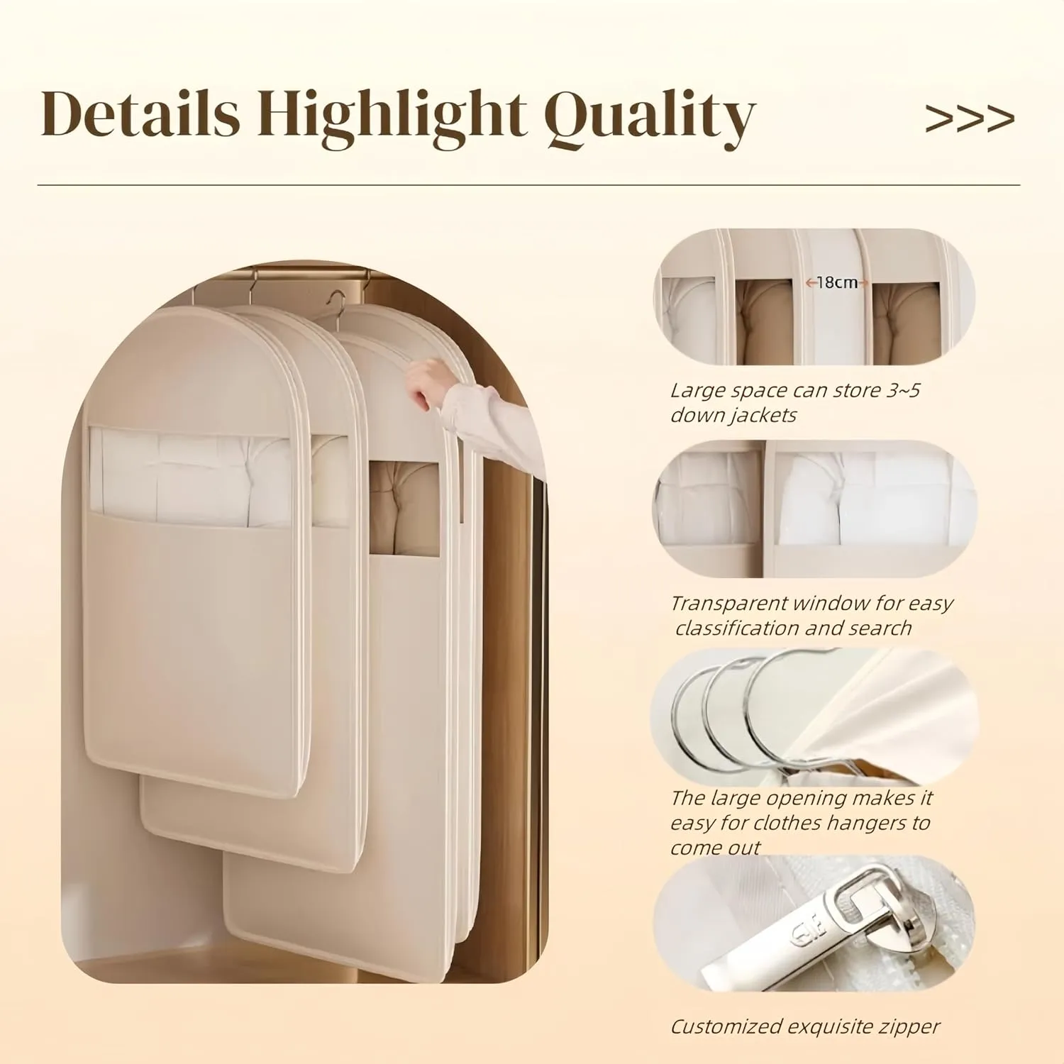 Space Saving Hanging Garment Bag with Self Compression Zipper  Dust Cover Clothes Bags for Down Coat, Suit & Dress  Closet Organizer Garment Bags for Hanging Clothes & Travel Storage (Beige, M)