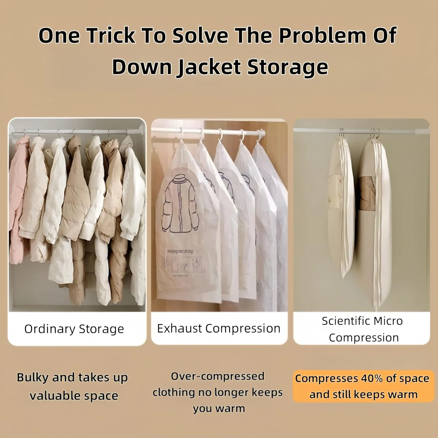 Space Saving Hanging Garment Bag with Self Compression Zipper  Dust Cover Clothes Bags for Down Coat, Suit & Dress  Closet Organizer Garment Bags for Hanging Clothes & Travel Storage (Beige, M)