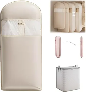 Space Saving Hanging Garment Bag with Self Compression Zipper, Garment Bags for Hanging Clothes, Dust Clothes Cover for Closet Dresses Suit Coats Storage 51 Long (Beige, X-Large)