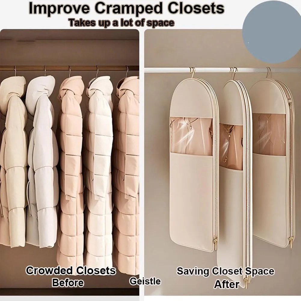 Space Saving Hanging Garment Bag with Self Compression Zipper, Garment Bags for Hanging Clothes, Dust Clothes Cover for Closet Dresses Suit Coats Storage 51 Long (Beige, X-Large)