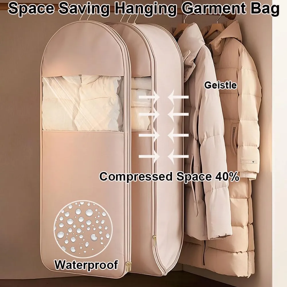 Space Saving Hanging Garment Bag with Self Compression Zipper, Garment Bags for Hanging Clothes, Dust Clothes Cover for Closet Dresses Suit Coats Storage 51 Long (Beige, X-Large)