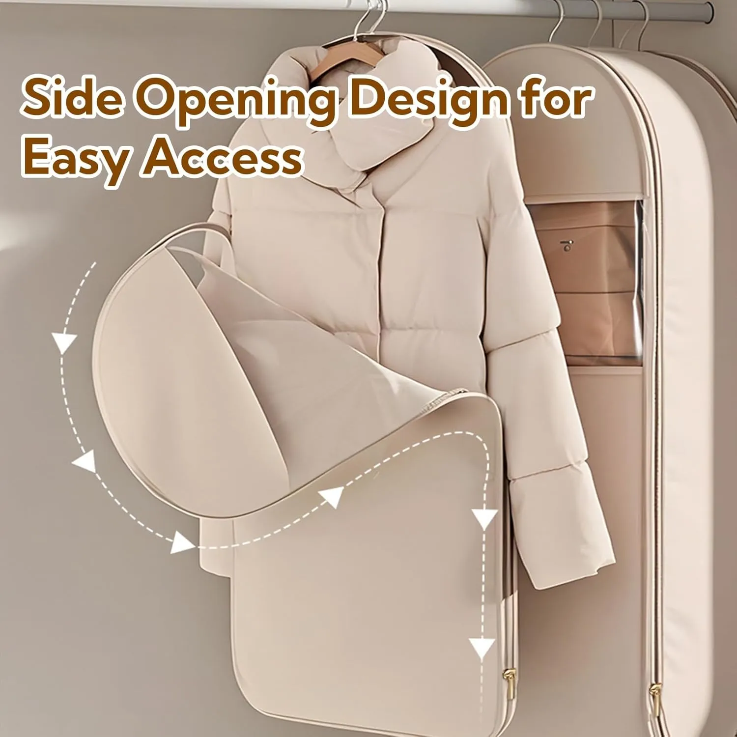 Space Saving Hanging Garment Bag with Self Compression Zipper, Space Saver Closet Organizers, Dust Cover Clothes Bags for Down Coat, Clothes Cover For Closet Storage, for Travel with Rack (Beige,M)