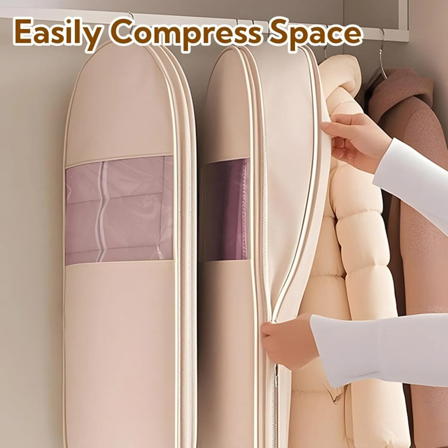 Space Saving Hanging Garment Bag with Self Compression Zipper, Space Saver Closet Organizers, Dust Cover Clothes Bags for Down Coat, Clothes Cover For Closet Storage, for Travel with Rack (Beige,M)