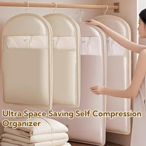 Space Saving Hanging Garment Bag with Self Compression Zipper, Space Saver Closet Organizers, Dust Cover Clothes Bags for Down Coat, Clothes Cover For Closet Storage, for Travel with Rack (Beige,M)