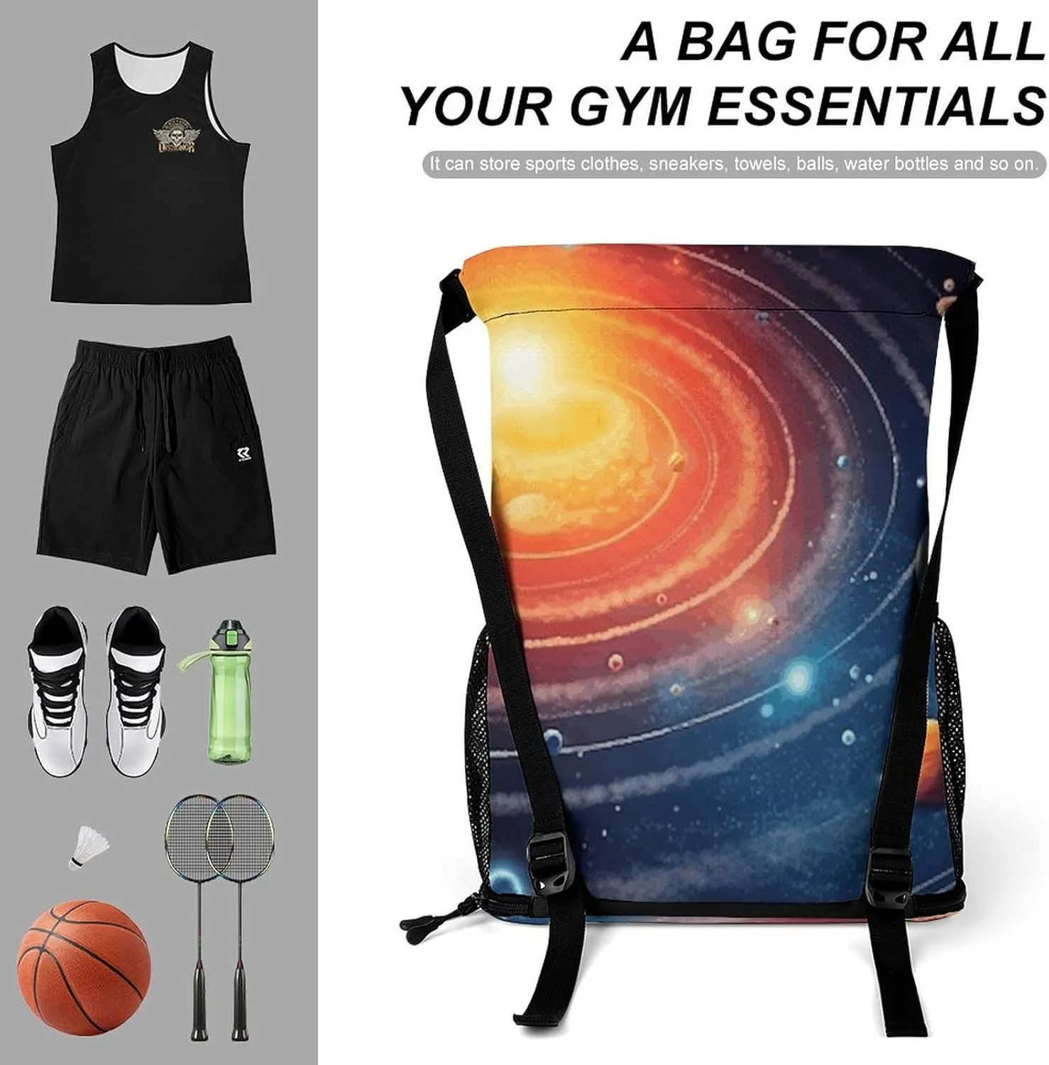 Sports Drawstring Backpack Lightweight Small Gym Bag Outer Space Galaxy Solar System Gym Sackpack for Women Men