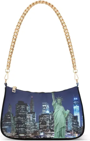 Statue Of Liberty at Night New York City Shoulder Handbags for Women Travel Hobo Tote Handbag Women Gold Chain Shoulder Bags Purse with Zipper Closure