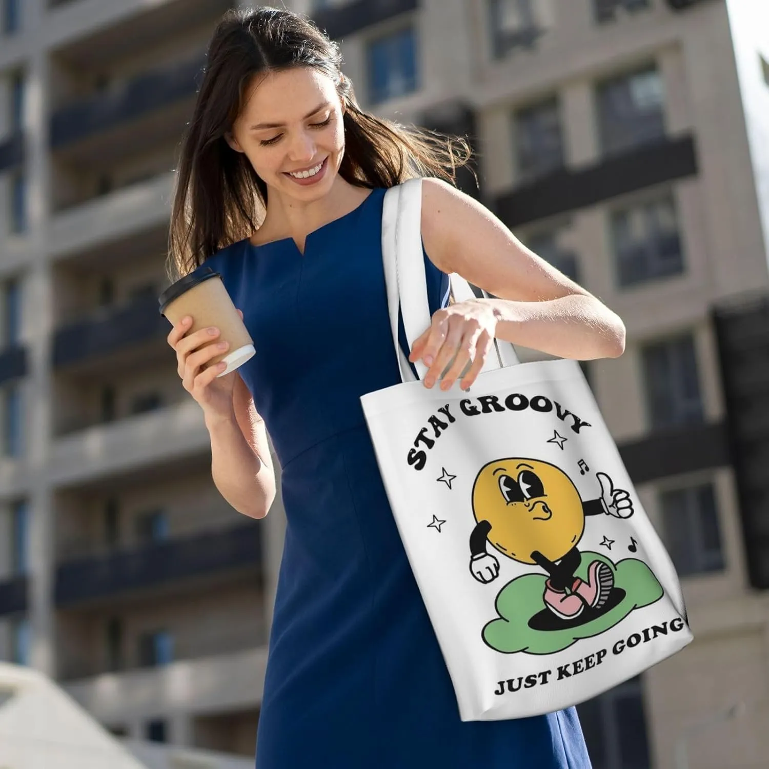 Stay Groovy Canvas Tote Bag Shoulder Bag For Women'S Reusable Tote Bag For Shopping Camping