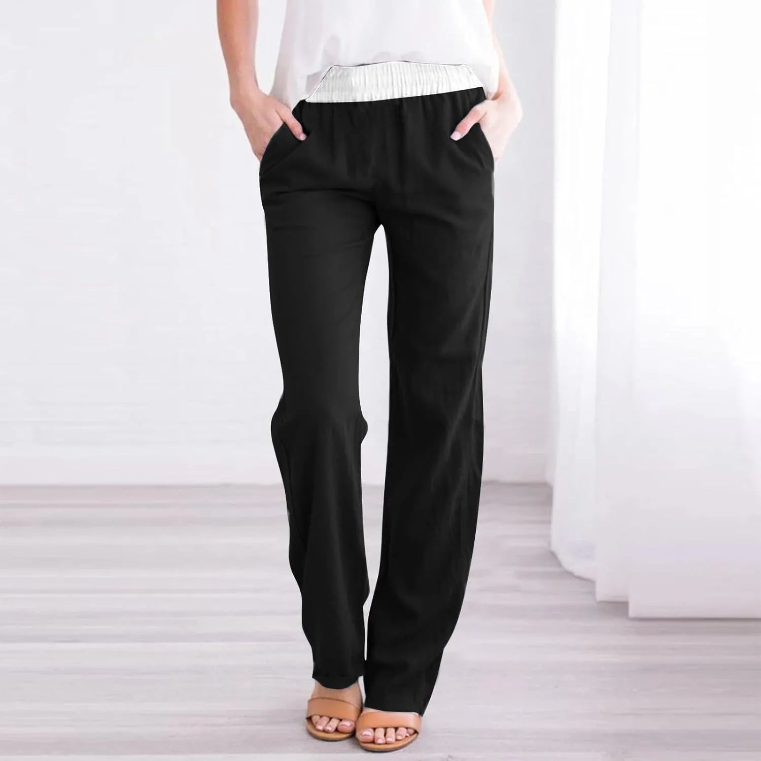 Straight Leg Pants for Women Dressy Casual 2024 Elastic High Waist Sweatpants Long Lounge Pant Trousers with Pockets