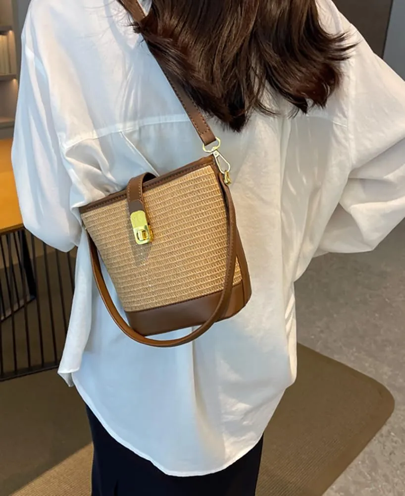 Straw Beach Bags For Women Rattan Purses Straw Bucket Bag Cross-body Handwoven Raffia Handbag Purse Shoulder Bag