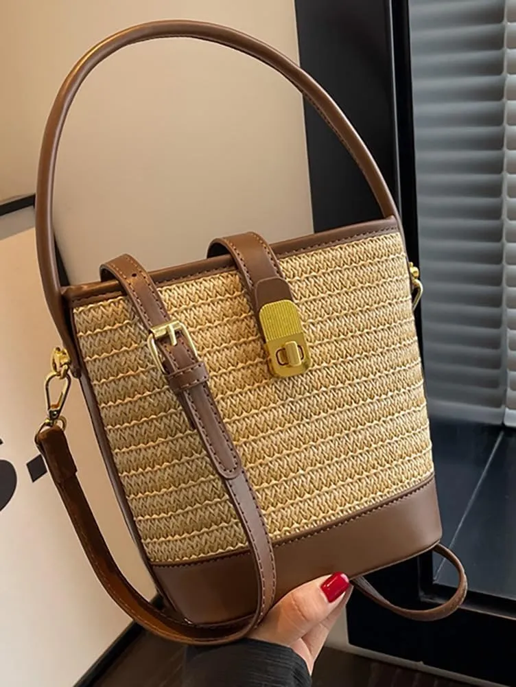 Straw Beach Bags For Women Rattan Purses Straw Bucket Bag Cross-body Handwoven Raffia Handbag Purse Shoulder Bag