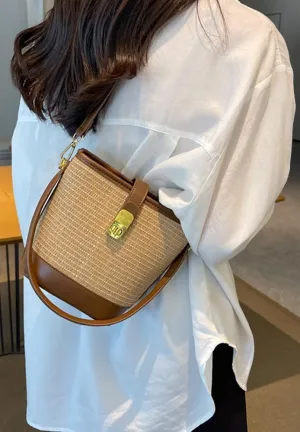 Straw Beach Bags For Women Rattan Purses Straw Bucket Bag Cross-body Handwoven Raffia Handbag Purse Shoulder Bag