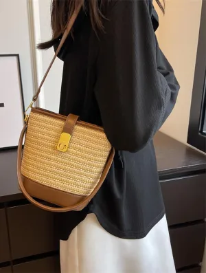 Straw Beach Bags For Women Rattan Purses Straw Bucket Bag Cross-body Handwoven Raffia Handbag Purse Shoulder Bag