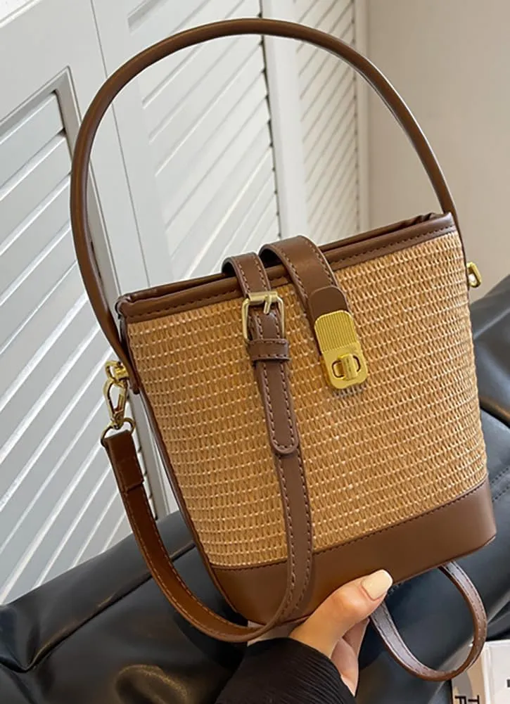 Straw Beach Bags For Women Rattan Purses Straw Bucket Bag Cross-body Handwoven Raffia Handbag Purse Shoulder Bag