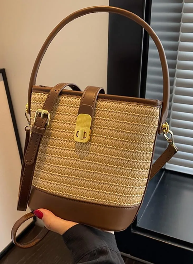 Straw Beach Bags For Women Rattan Purses Straw Bucket Bag Cross-body Handwoven Raffia Handbag Purse Shoulder Bag