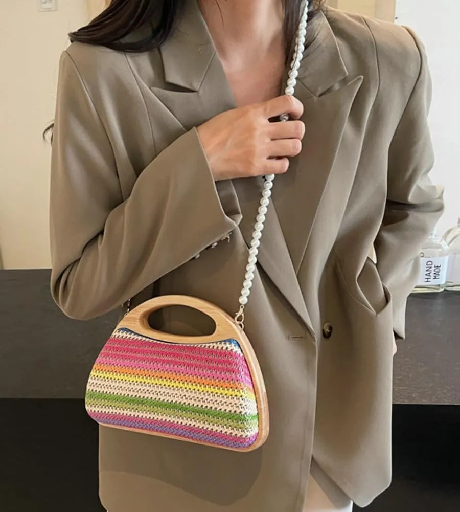 Straw Clutch Bag Beach Bags For Women Rattan Purses Handbags Evening Bag Summer Straw Crossbody Bag Purse Wooden Top-Handle