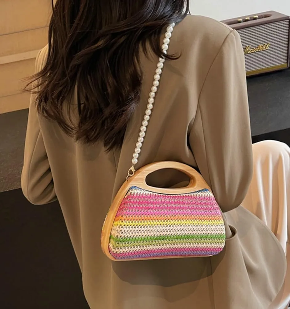 Straw Clutch Bag Beach Bags For Women Rattan Purses Handbags Evening Bag Summer Straw Crossbody Bag Purse Wooden Top-Handle