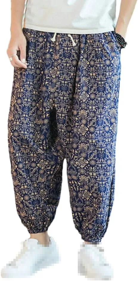 Streetwear Mens Harem Pants Vintage Linen Casual Pants Jogging Male Wide Leg Trousers Big Size