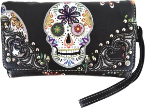 Sugar Skull Day of the Dead Cross Bone Studs Punk Gothic Art Rivet Studded Women Wristlet Trifold Wallet (#3 Black)