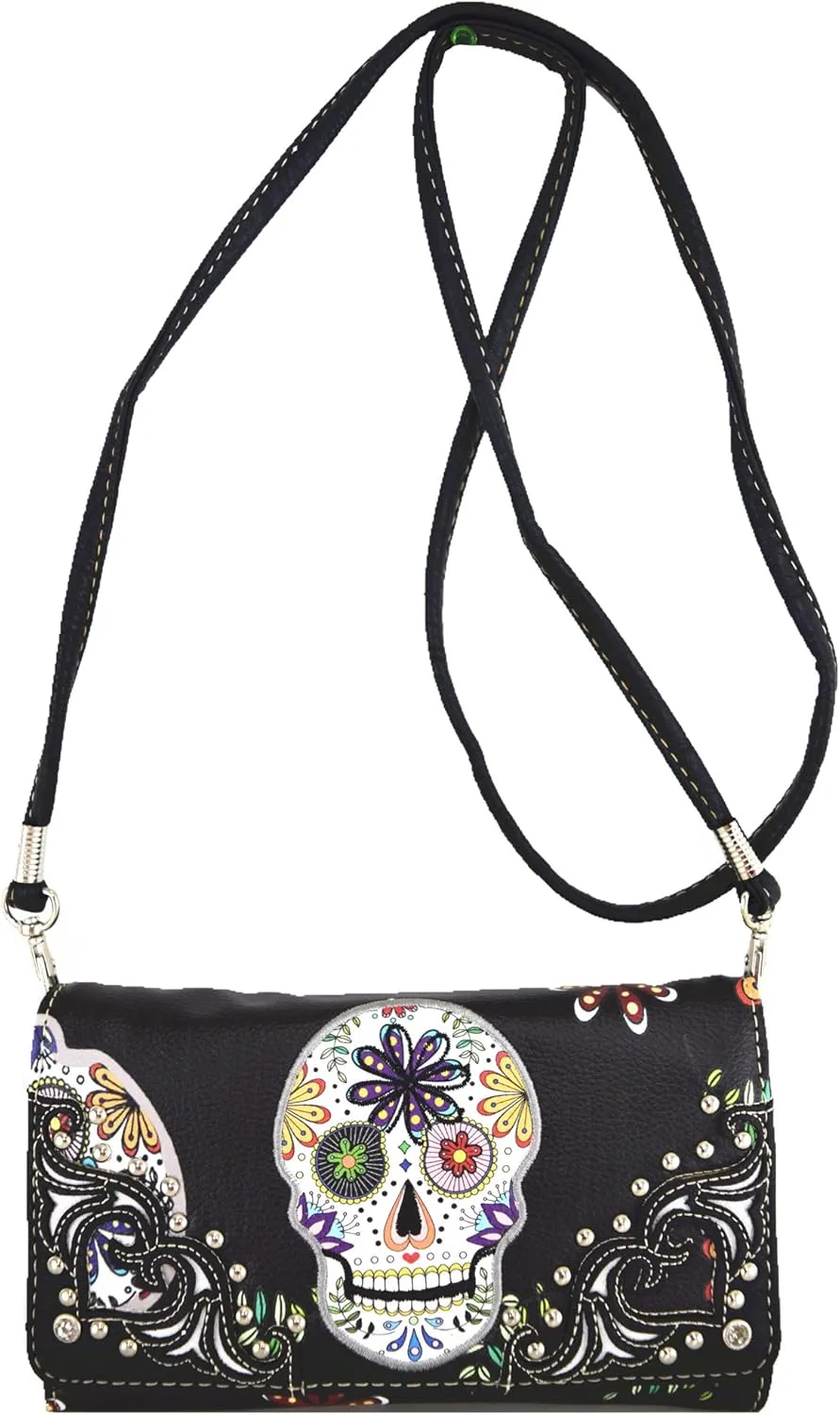 Sugar Skull Day of the Dead Cross Bone Studs Punk Gothic Art Rivet Studded Women Wristlet Trifold Wallet (#3 Black)