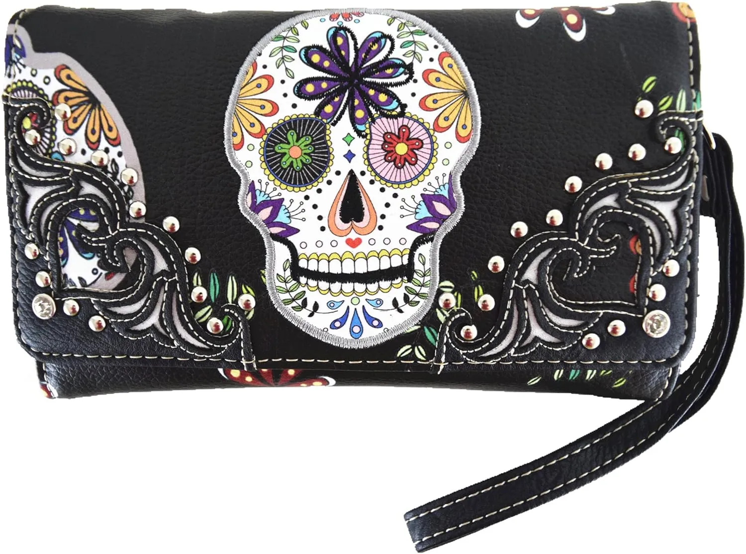 Sugar Skull Day of the Dead Cross Bone Studs Punk Gothic Art Rivet Studded Women Wristlet Trifold Wallet (#3 Black)