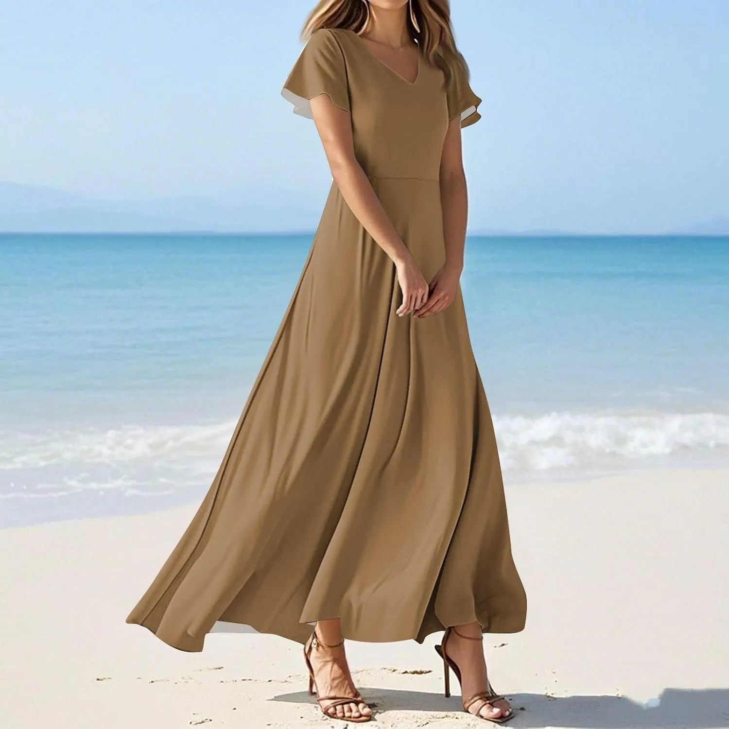 Summer Dress for Women 2025 Elegant Swing Flowy Ruffle V Neck Boho Sun Dresses Trendy Casual Vacation Long Sundresses