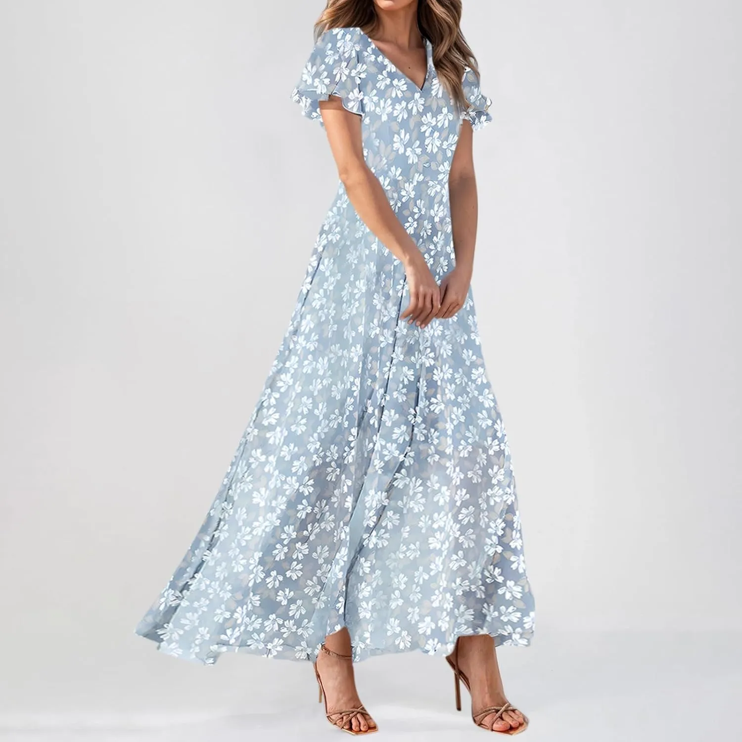 Summer Dress for Women 2025,Swing Flowy Ruffle Hem Casual Chiffon Beach Dresses