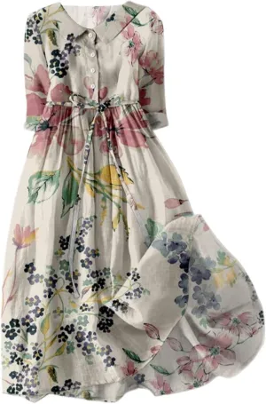 Summer Dresses for Women 2025 Maxi Button Down Plus Size A Line Dress Trendy Beach 3/4 Sleeve Boho Ruffle Floral Dress