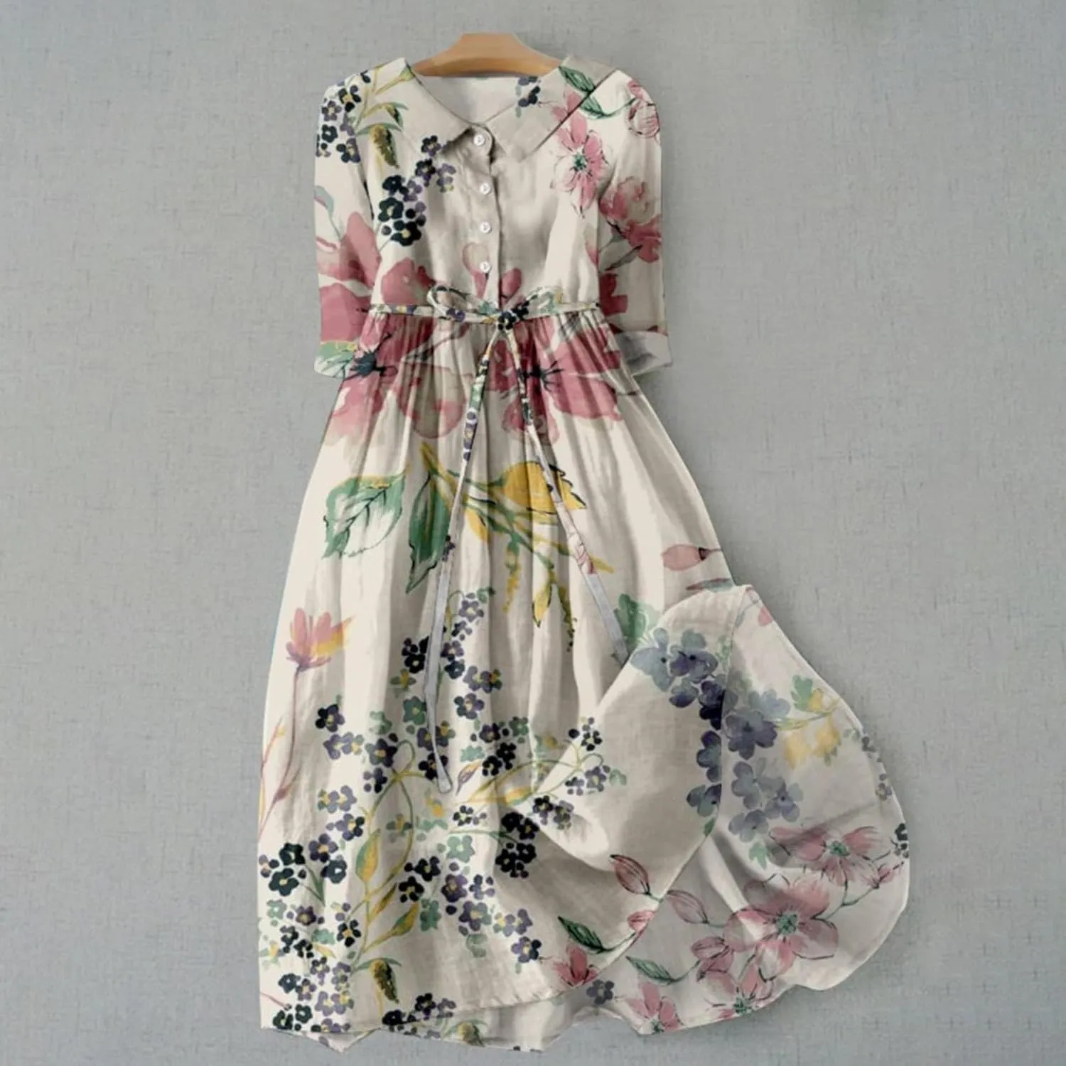 Summer Dresses for Women 2025 Maxi Button Down Plus Size A Line Dress Trendy Beach 3/4 Sleeve Boho Ruffle Floral Dress