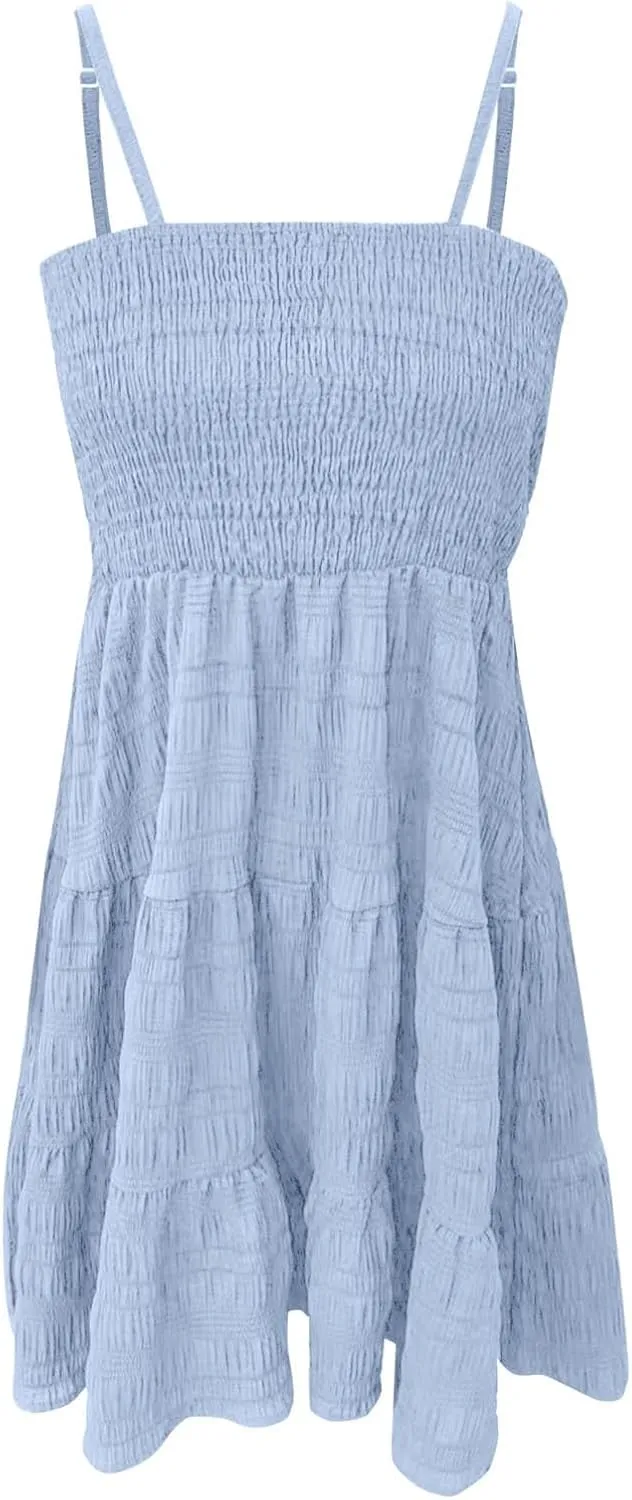 Summer Dresses for Women 2025 Square Neck Spaghetti Strap Dress Casual Sleeveless Smocked A Line Tiered Beach Sundresses
