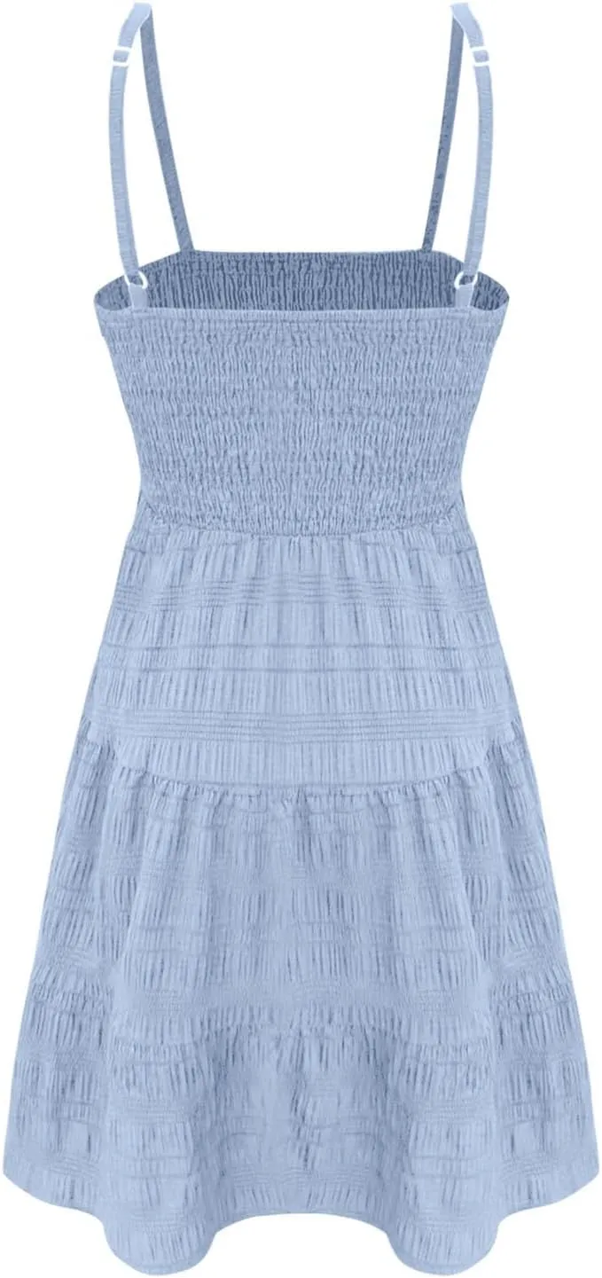Summer Dresses for Women 2025 Square Neck Spaghetti Strap Dress Casual Sleeveless Smocked A Line Tiered Beach Sundresses