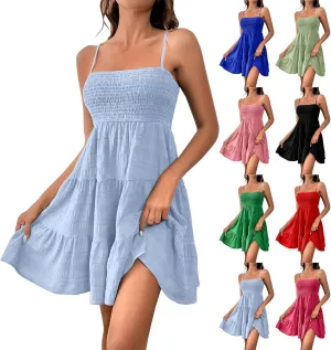 Summer Dresses for Women 2025 Square Neck Spaghetti Strap Dress Casual Sleeveless Smocked A Line Tiered Beach Sundresses
