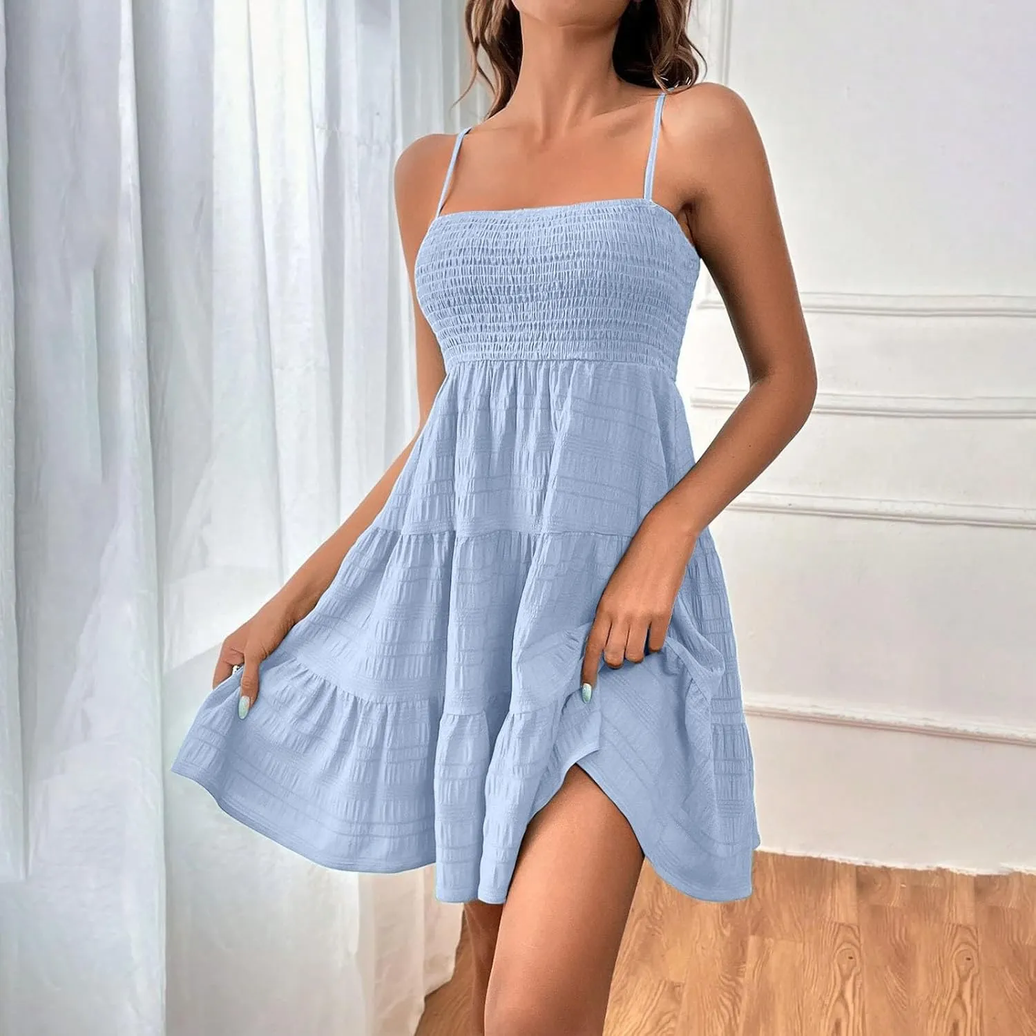Summer Dresses for Women 2025 Square Neck Spaghetti Strap Dress Casual Sleeveless Smocked A Line Tiered Beach Sundresses