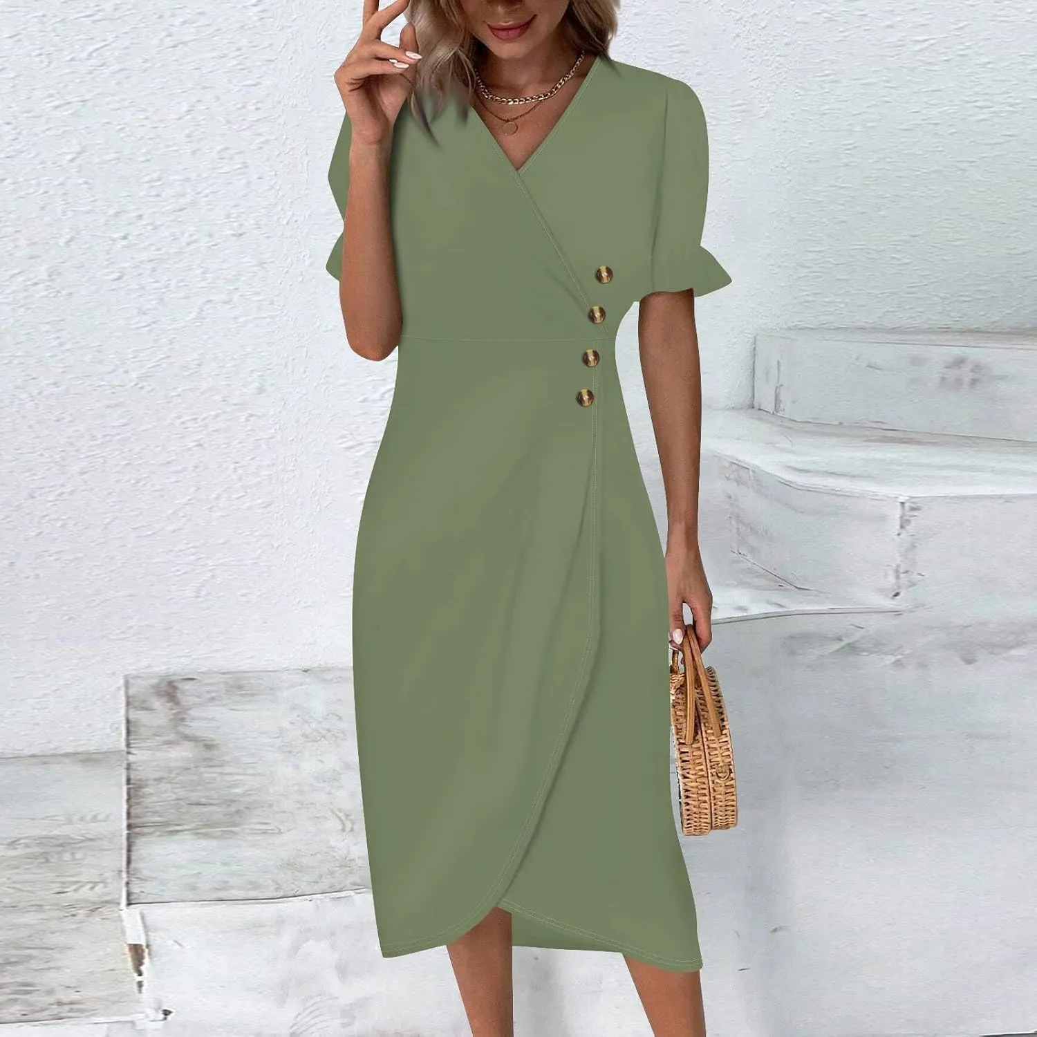 Summer Dresses for Women 2025 Trendy Boho Dress Elegant Beach V Neck Short Sleeve Irregular Hem Midi Sundresses